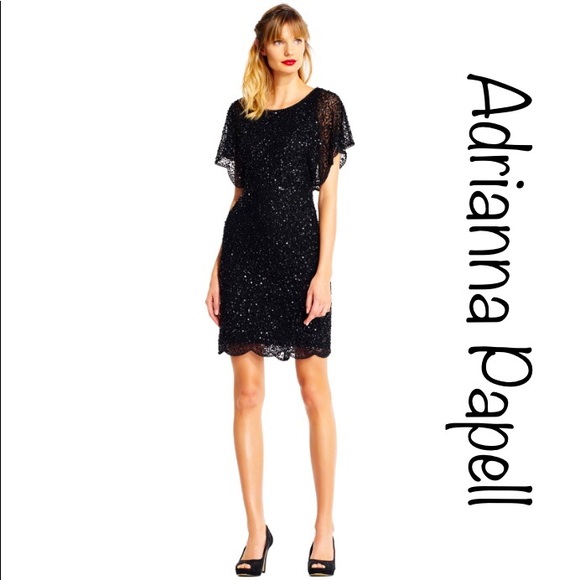 sequin beaded cocktail dress with flutter sleeves and scallop trim